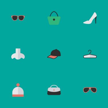 Vektör çizim basit ekipman simgeler kümesi. Öğeleri spor şapka, güneş gözlüğü, el çantası eş anlamlı göz, el çantası ve gözlük.