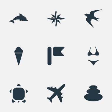 Vektör çizim basit Seaside simgeler kümesi. Öğeleri denge, uçak, memeli balık ve diğer eş anlamlı Rose, bayrak ve seyahat.