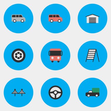 Vektör çizim basit nakliye simgeler kümesi. Öğeleri aile, Autobus, kavisi ve diğer eş anlamlı kavisi, Jumper ve teslimat.