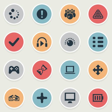 Vektör çizim basit oyun simgeler kümesi. Öğeleri Plus, monitör, ses ve diğer eş anlamlı tabelasını Kaydet ve bilgisayar.