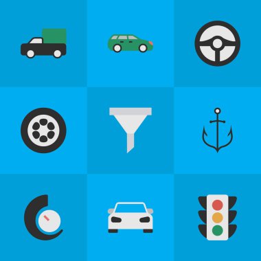 Vektör çizim basit trafik simgeler kümesi. Öğeleri armatür, süzgeç ve diğer eş anlamlı spor direksiyon, garaj ve araba.