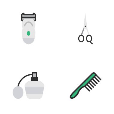 Vektör çizim basit Kuaför simgeler kümesi. Öğeleri makas, elektronik, saç fırçası ve diğer eş anlamlı tarak makine ve koku.