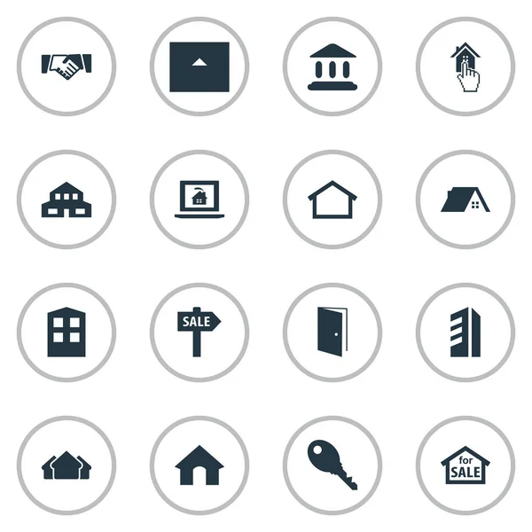 Vector Illustration Set of Simple Property Icons. Elementos de gran altura, elegir, Doghouse y otros sinónimos entrada, venta y cabaña . — Vector de stock