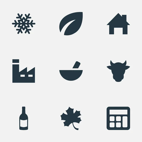 Vektor Illustration Set von einfachen landwirtschaftlichen Symbolen. Elemente Vieh, Alkohol, Schneeflocke und andere Synonyme Wein, Ranch und Mathematik. — Stockvektor