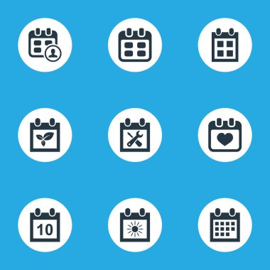 Vektör çizim basit takvim simgeler kümesi. Öğeleri Tarih bloğu, kalp, yenileme araçları ve diğer eş anlamlı takvim, bitki ve hatırlatma.