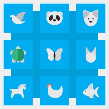 Vektör çizim basit hayvanlar simgeler kümesi. Öğeleri güvercin, kurt, güve ve diğer eş anlamlı levrek, kaplumbağa ve kelebek.