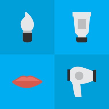 Vektör çizim basit güzellik simgeler kümesi. Öğeleri düzeltin, dudaklar, kurutma makinesi ve diğer eş öpücük, ruj ve şişe.