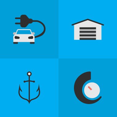 Vektör çizim basit ulaşım simgeler kümesi. Öğeleri armatür, hız göstergesi, döken ve diğer eş anlamlı araba çapa ve karşı.