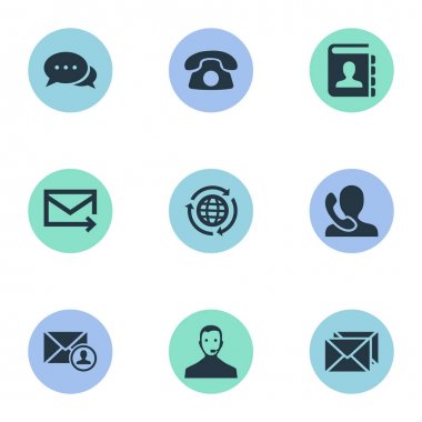 Vektör çizim Set basit simgeler bağlayın. Öğeleri küresel ticaret, diyalog, yazışma ve diğer eş anlamlı yardım hattı, adres ve yazar.