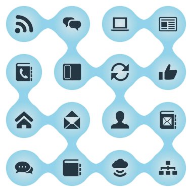 Vektör çizim basit sosyal simgeler kümesi. Öğeleri şirket numarası, Update, adres defteri ve diğer eş anlamlı defter, depolama ve ev.