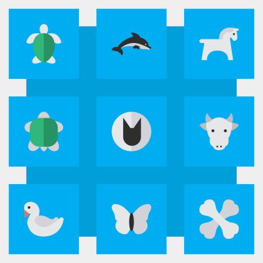 Vektör çizim basit vahşi simgeler kümesi. Öğeleri at, Kine, Balık ve diğer eş anlamlı balık, süt ve kaplumbağa.