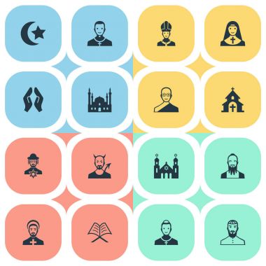 Vektör çizim basit din simgeler kümesi. Öğeleri papaz, Budist, din adamı ve diğer eş anlamlı kutsal kitap ve Taoist.