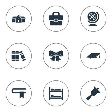 Vektör çizim basit okul simgeler kümesi. Öğeleri el çantası, ara, Nursering mobilya eş anlamlı Globe, belge ve Break.