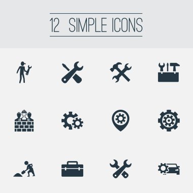 Vektör çizim basit tamir simgeler kümesi. Öğeleri tamiri, araç, PIN ve diğer eş anlamlı araçları, işçi ve el çantası.