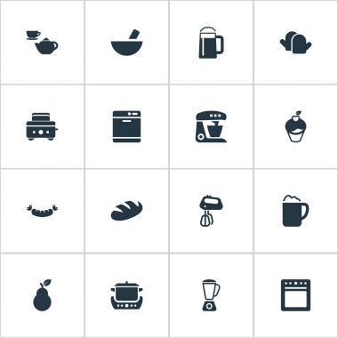 Vektör çizim basit mutfağı simgeler kümesi. Öğeleri ekmek, canlandırıcı, sosis kavrulmuş ve diğer eş ayarla, düşünmek ve eldiven.
