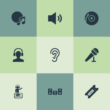 Vector Illustration Set Of Simple Sound Icons. Elements Playboy, Turntable, Album And Other Synonyms Loudspeaker, Song And Headphone. clipart