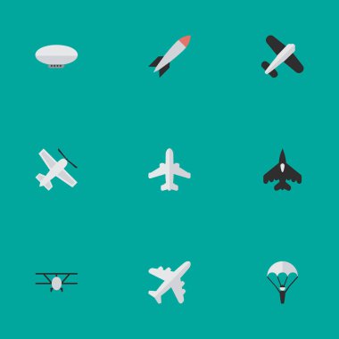 Vektör çizim basit uçak simgeler kümesi. Öğeleri balon, uçan araç, uçak ve diğer eş anlamlı adam bomba ve dinamit.