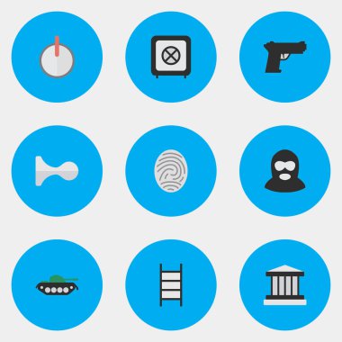 Vektör çizim basit simgeler kümesi. Öğeleri ceza, askeri, silah ve diğer eş anlamlı şifre korumalı ve güvenli.