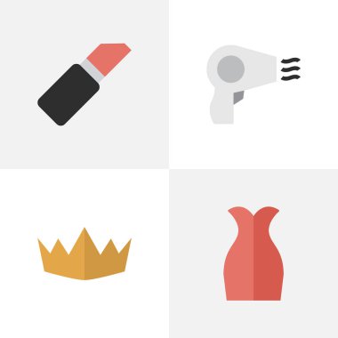 Vektör çizim basit zerafet simgeler kümesi. Öğeleri elbise, taç, pomad ve diğer eş anlamlı pomad, saç kurutma makinesi ve ruj.