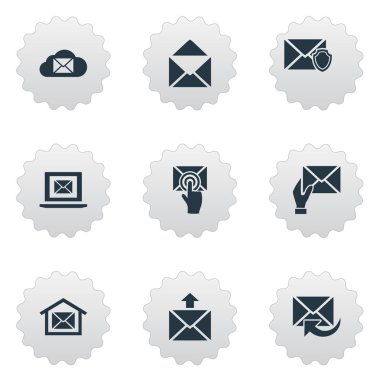 Vektör çizim basit posta simgeler kümesi. Öğeleri Laptop, alıcı, zarf ve diğer eş anlamlı alıcı, zarf ve mesaj.