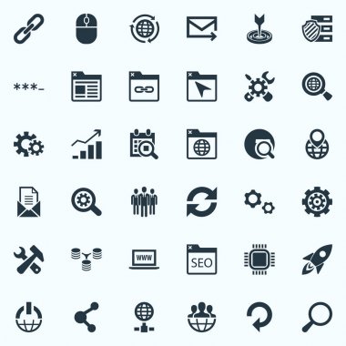 Vektör çizim basit optimizasyonu simgeler kümesi. Öğeleri Tarih bloğu, paylaşım, yer imi ve diğer eş anlamlı ilerleme yenileyin ve bağlantı.