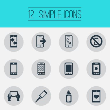 Vektör çizim basit hareket eden simgeler kümesi. Öğeleri ön kamera, alev, virüs ve diğer eş Flame kasa ve menü.