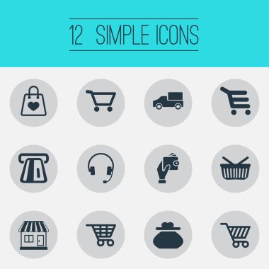 Vektör çizim basit satınalma simgeler kümesi. Öğeleri bakkal, dükkanı arabası, E-ticaret ve diğer Online Holding eş anlamlı ve sepeti.