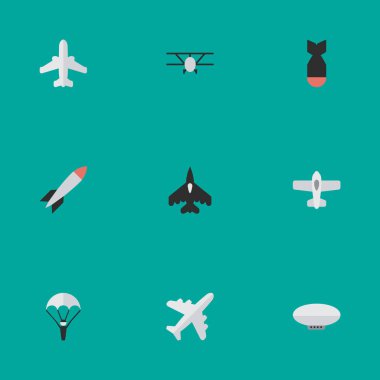 Vektör çizim basit uçak simgeler kümesi. Öğeleri bomba, uçak, uçak ve diğer eş anlamlı roket uçak ve uçan.