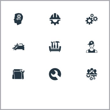 Vektör çizim basit yardımcı simgeler kümesi. Öğeleri otomobil Salon, istihbarat, sanayi ve diğer eş anlamlı motoru, kask ve güvenlik.