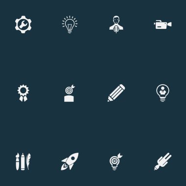 Basit görsel sanat kümesi illüstrasyon vektör simgeler. Öğeleri proje amacı, zihniyet, ilham ve diğer eş anlamlı ilham yazmak ve ödül.