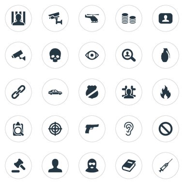 Vektör çizim basit polis simgeler kümesi. Öğeleri otomobil, hırsız, keskin nişancı ve diğer eş anlamlı yargı, tehlike ve tabanca.