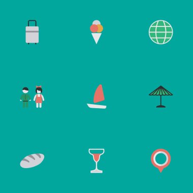 Vektör çizim basit tatil simgeler kümesi. Öğeleri çift, şemsiye, dünya ve diğer eş anlamlı dünya şemsiye ve gezegen.