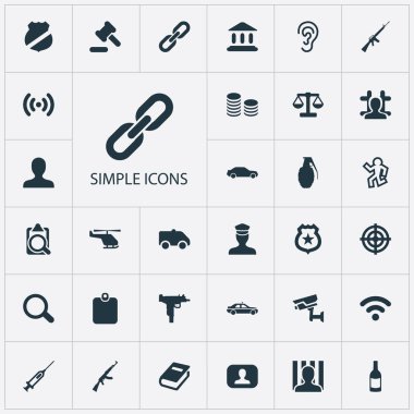 Vektör çizim basit hata simgeler kümesi. Öğeleri kişi, kulak misafiri, polis Star ve diğer eş devriye, Uzi ve belge.