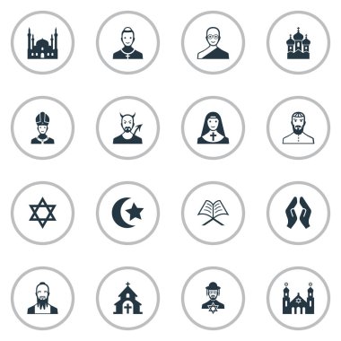 Vektör çizim basit inanç simgeler kümesi. Öğeleri Katolik, Papa, rahip ve diğer eş anlamlı Musevi, sinagog ve Camii.