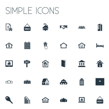 Vektör çizim basit özellik simgeler kümesi. Öğeleri promosyon, reklam, konut ve diğer eş anlamlı gökdelen giriş ve kayıt.