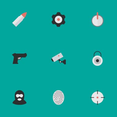 Vektör çizim basit suç simgeler kümesi. Öğeleri hedef, kasa, gözetim ve diğer eş kilit, mekanik ve silah.