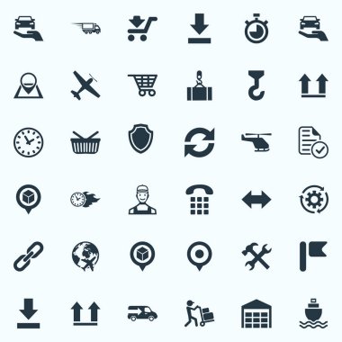 Vektör çizim basit sistematizasyonu simgeler kümesi. Öğeleri konumlandırmak Mark, alt tarafı, kurye ve diğer eş anlamlı uçak Chronimetr ve uçak.