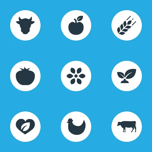 Vektorové ilustrace sada jednoduchých ikon. Prvky mléčné výrobky, zelenina, květ a další synonyma Bloom, Apple a vegetariánské. — Stockový vektor
