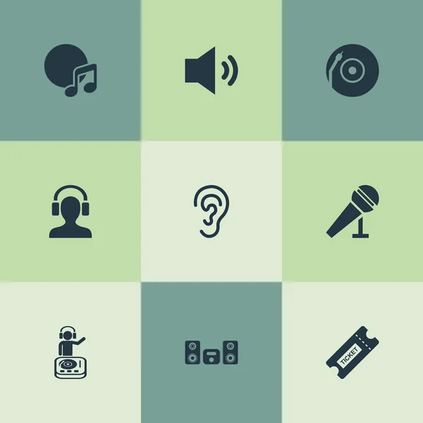 Vector illustratie Set van eenvoudige geluid iconen. Elementen Playboy, draaitafel, Album en andere synoniemen luidspreker, Song- en hoofdtelefoonaansluiting. — Stockvector