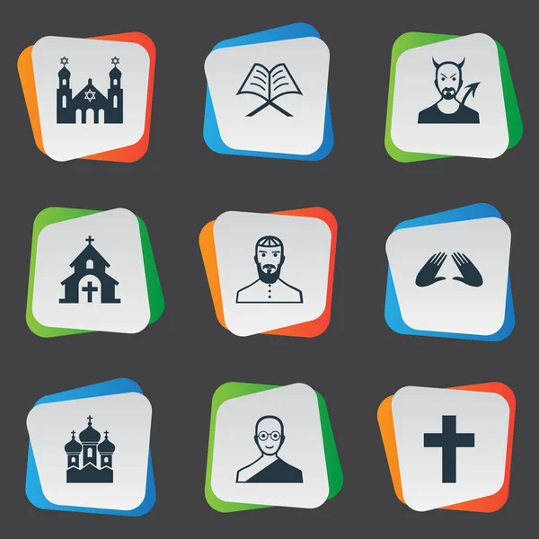 Vector illustratie Set van eenvoudige geloof iconen. Elementen Orison, tempel, katholieke en andere synoniemen kerk, Joodse synagoge. — Stockvector