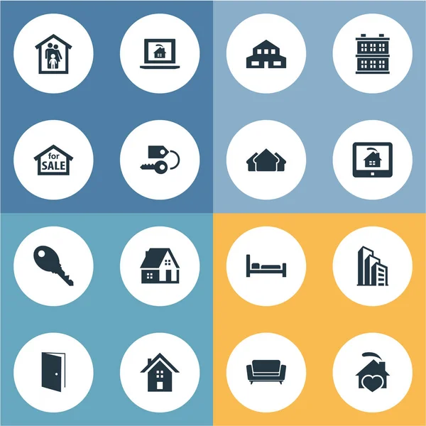 Vector Illustration Set of Simple Property Icons. Elementos Estructura, Propiedad en Línea, Apartamento y Otros Sinónimos Residencia, Finca y Entrada . — Vector de stock