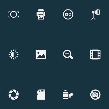 Vektör çizim basit fotoğraf simgeler kümesi. Kamera, mürekkep püskürtmeli, bellek kartı öğelerini yasaktır ve diğer eş gürültü, çekim ve teyp.
