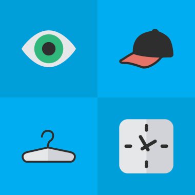 Vektör çizim basit ekipman simgeler kümesi. Öğeleri spor şapka, görünümü, elbise kanca ve diğer eş anlamlı zaman elbise ve kanca.