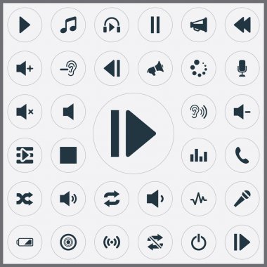Vektör çizim basit bir müzik simgeler kümesi. Öğeleri sessiz, kulaklık, Stop ve diğer eş anlamlı konuşma, düşük pil ve Stop.