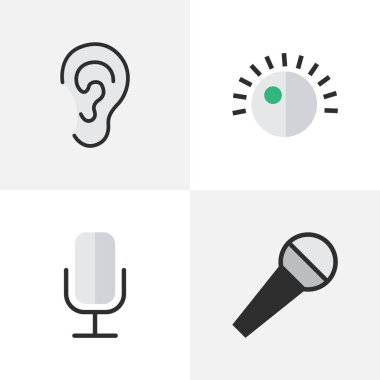 Vektör çizim basit ses simgeler kümesi. Öğeleri regülatörü, kayıt, Mike ve diğer eş anlamlı mikrofon regülatör ve dinle.