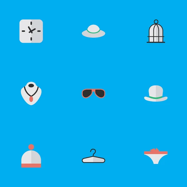 Conjunto de ilustración vectorial de iconos de equipos simples. Elementos Gorra Femenina, Tiempo, Jaula de Pájaros y Otros Sinónimos Gafas de Sol, Jaula Y Mujer . — Vector de stock