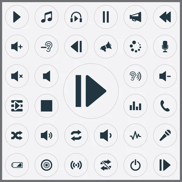 Vektör çizim basit bir müzik simgeler kümesi. Öğeleri sessiz, kulaklık, Stop ve diğer eş anlamlı konuşma, düşük pil ve Stop.