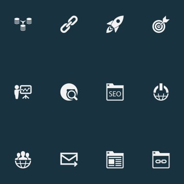 Vektör çizim basit Seo simgeler kümesi. Öğeleri güç düğmesi, hedef, zinciri ve diğer eş anlamlı Cosmos komuta ve uzay.