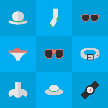 Vektör çizim basit ekipman simgeler kümesi. Öğeleri iç çamaşırı, göz Aksesuar, koku ve diğer eş anlamlı çorap, kadın ve kol saati.