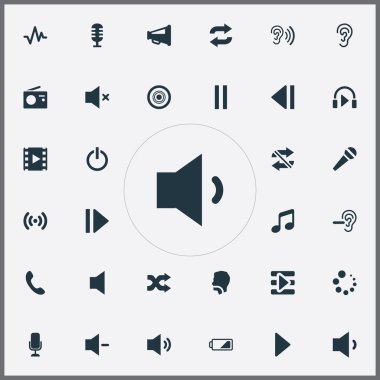 Vektör çizim basit bir müzik simgeler kümesi. Öğeleri Vintage alıcı, nabız, ücret ve diğer eş anlamlı bas hoparlör ve kapatma.